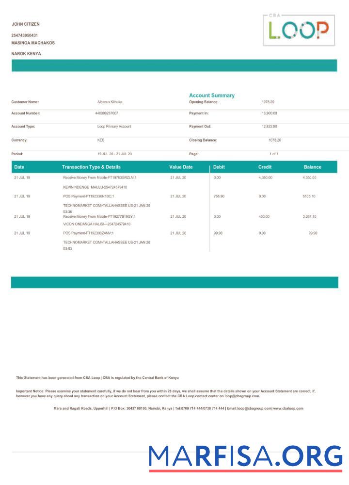 Blank Kenya Loop bank statement word sample